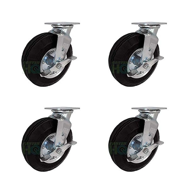 10"x3" Swivel Plate Caster W/ Brakes, Flat Free, No Flat Pneumat, PK4